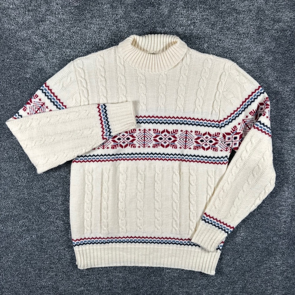 Jantzen Sweater Womens XL Vintage Fair Isle Cable Knit Cream Red Blue USA Made